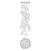 Chandelier line drawing, metal construction, multi-tiered spherical elements suspended from a rectangular bar with varying sphere sizes.