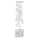 Chandelier technical drawing, white background, circular elements suspended from a bar, clustered pattern, square enclosure, black lines.