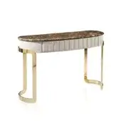 Elegant DV Home Collection Coco console with quilted front drawer and lustrous gold-tone steel legs crafted in beige and brown tones
