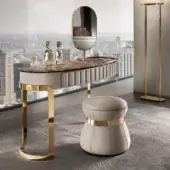 Superior DV Home Collection Coco vanity with patterned marble top and vertically channeled beige leather detailing