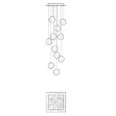 Chandelier technical drawing, metal rods with circular frames, minimalist design, schematic view, labeled “28.11 square”, white background.