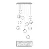 Chandelier line drawing, metal wire, asymmetrical cascading orbs, rectangular fixture, minimalist design, technical schematic illustration.