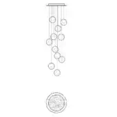 Linear chandelier with metal rods and cascading spherical cages, featuring a rectangular mount and minimalist geometric design.