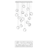 Chandelier with spherical glass orbs, rectangular metal canopy, cascading arrangement, minimalist design, monochromatic technical drawing, “28.16 rec” text.