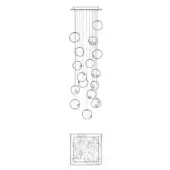 Chandelier line drawing, metal fixture, rectangular canopy with cascading circular elements and a square base, schematic design.