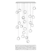 Chandelier line drawing, metal rods with circular globes, staggered arrangement, rectangular base detail, technical schematic, white background.