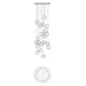 Linear chandelier technical drawing, white background, cascading circular rings suspended from vertical wires, minimalist geometric design.