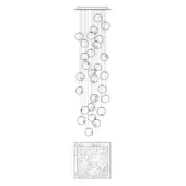 Chandelier line drawing, rectangular base, cascading circles, vertical strands, contemporary design, “28.28 square” text detail.