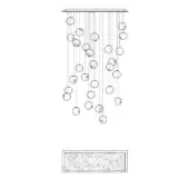 Chandelier line drawing, metal rods with textured glass orbs, cascading arrangement, rectangular canopy, minimalist modern design.