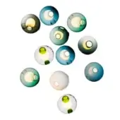 Spherical wall lights, glass, arranged in organic pattern with blue, green, and off-white hues; each features a circular opening and textured glass.