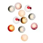 Pendant lights, translucent glass, spherical form, layered design in smoky gray, blush pink, amber, orange, and purple tones against a white backdrop.