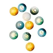 Blown glass ceiling lights, translucent amber and teal, asymmetrical arrangement of thirteen spherical forms with circular openings.