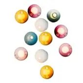 Spherical glass light fixtures in amber, teal, blue, pink, and gray-white arranged asymmetrically on a white background, featuring halo lighting.