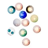 Spherical light fixtures in teal, blue, green, pink, gray & white glass, featuring circular openings & warm light, arranged against a white backdrop.