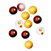 Glass ornaments, burgundy, amber, white, spherical shape with circular apertures revealing contrasting interior colors, glossy surface, artistic arrangement.
