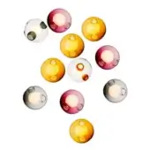 Glass orbs in a "P" shape, clear to mauve tones, with circular openings and diffused internal lighting, on a white background.