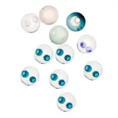 Glass marbles in clear, pink, teal, green & white hues are arranged on a white surface, some with blue eye-like circular patterns.