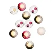 Spherical glass light fixtures, clear, gray & magenta, arranged randomly with diffused warm light & three small holes each, labeled “11r 20”.
