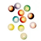 Glass spheres in brown, purple, green, orange, red, blue, yellow & pink, with circular indentations, arranged as a studio product shot, labeled “11r 21”.