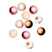Translucent orbs in burgundy, brown, peach & clear glass are clustered against white, featuring circular perforations & bright cores.
