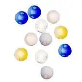 Glass orbs in blue, yellow, and white tones are clustered on a white backdrop, each with a circular indentation and reflective surface.