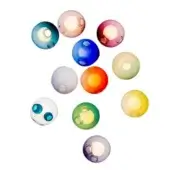 Glass orbs in teal, rose, blue, orange, yellow, green, lavender hues arranged diagonally on white; translucent spheres with air bubbles.