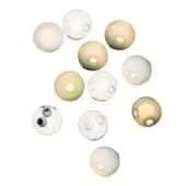Spherical beads in off-white, beige, olive, and clear tones are suspended against a white backdrop, featuring drilled holes and matte texture.