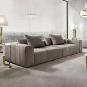 Exceptional DV Home Collection Edmond sofa with uniform grey-taupe textile upholstery and rectilinear solid wood construction