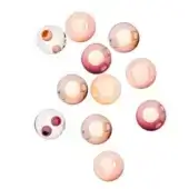 Spherical glass light fixtures in pink, rose, and purple tones feature single apertures and embedded circular details against a white backdrop.