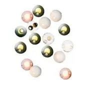 Spherical wall lights in radial arrangement, pale pink, white, dark green hues, hand-blown glass, diffused warm glow, flush wall mount.