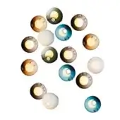 Blown glass wall lights, translucent amber, olive, gray, teal & white, spherical shape with recessed bulb openings, asymmetrical cluster arrangement.