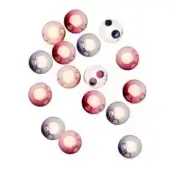 Pendant lights, glass and colored resin, clustered arrangement with lavender, rose, burgundy, and clear spheres emitting a warm glow.