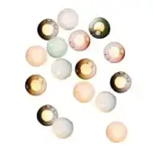 Spherical wall lights in pale pink, green, white, amber & gray glass arranged circularly against white, featuring translucent, rippled surfaces.