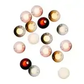 Blown glass sphere lights in amber, rose, burgundy, clear & white arranged in a circular composition against a white backdrop.