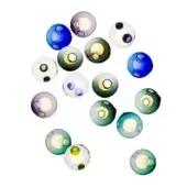 Glass sphere pendant lights, varied colors, textured surface, circular openings, diffused glow, white background.