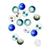 Glass orbs in blue, teal, and clear tones are arranged in a star pattern against a white backdrop, each with a circular internal element.