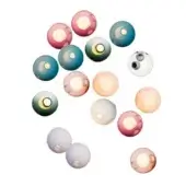 Spherical light fixtures, translucent glass, asymmetrical cluster with muted pink, blue, green, orange, and white tones, textured surfaces.