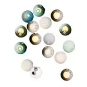 Spherical wall lights, frosted glass, arranged in a circular pattern with teal, olive, amber, gray, and blue hues, emitting a warm glow.