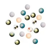 Decorative glass orbs in teal, lavender, peach, and green hues display marbled patterns and concentric circles against a white backdrop.