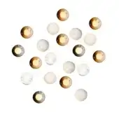 Wall-mounted light fixture with twenty-three glass globes in clear, amber, and white, arranged asymmetrically with visible warm-toned bulbs.