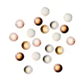 Spherical pendant lights in amber, rose, and off-white tones feature gradient colorways and circular openings emitting warm light, arranged on a white backdrop.