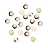 Glass sphere pendant lights in amber, clear, white & pale green arranged in a triangular formation against a white backdrop.