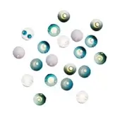 Blown glass sphere lights in blue, green, and white hues are arranged against a white backdrop, featuring translucent glass and circular light apertures.