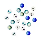 Spherical glass beads in radial arrangement, teal and blue hues, clear glass with dark spots, glossy finish, white background, diffused lighting.