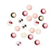 Spherical light fixtures in pink, cream, and burgundy tones arranged against a white backdrop, featuring translucent glass and recessed light openings.