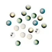 Spherical light fixtures in teal, blue, and off-white hues are clustered on a white background, featuring gold interiors and glossy finishes.