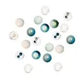 Spherical light fixtures, blue, green, and white marbleized glass, random arrangement, translucent shades, circular openings, warm golden light.