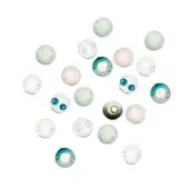 Wall-mounted light fixture with twenty-three spherical glass elements in clear, pale blue-green, and turquoise, emitting a warm white glow.