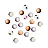 Spherical light fixtures, translucent material, radial arrangement, varying neutral tones, glossy finish, circular accents, warm internal glow.