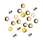Wall-mounted lighting fixture with twenty spherical lamps in clear glass, amber, orange, peach, and brown hues, arranged in a circular gradient.